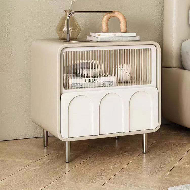 Minimalist Glass Wood Panel 2-Drawer Nightstand