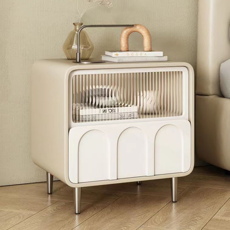 Minimalist Glass Wood Panel 2-Drawer Nightstand