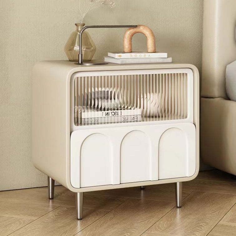 Minimalist Glass Wood Panel 2-Drawer Nightstand