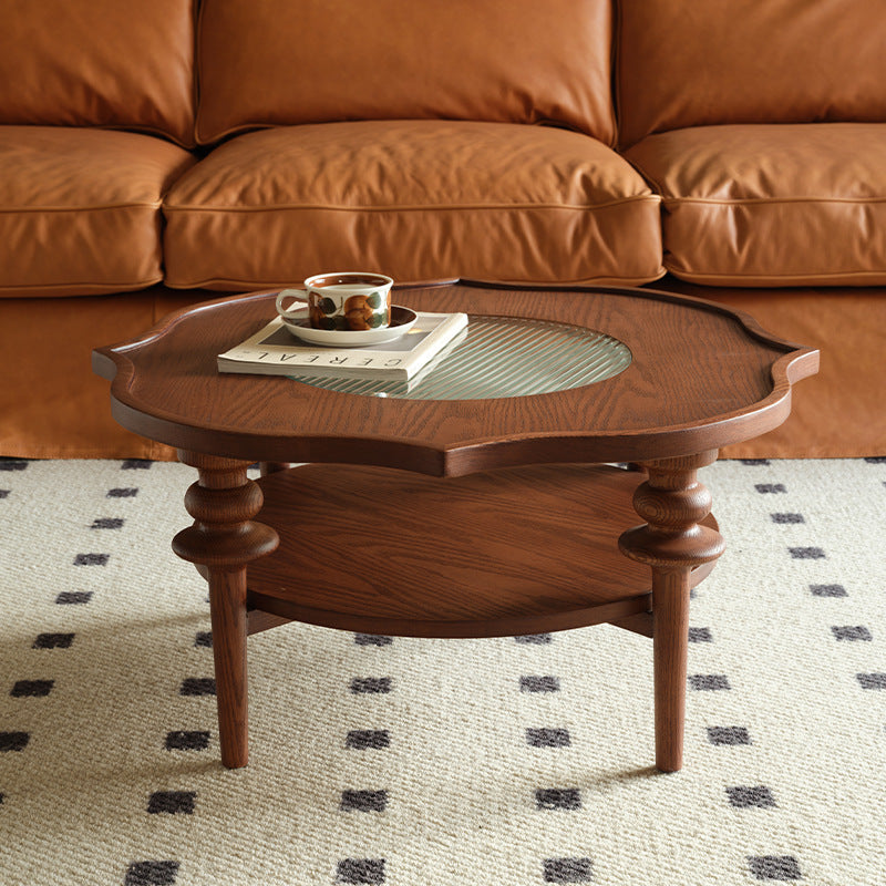 French Petal Wood Glass 2-Tier Coffee Table