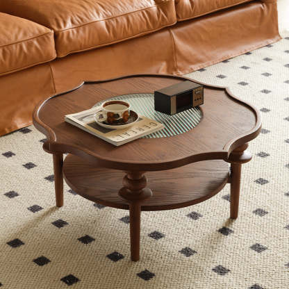 French Petal Wood Glass 2-Tier Coffee Table
