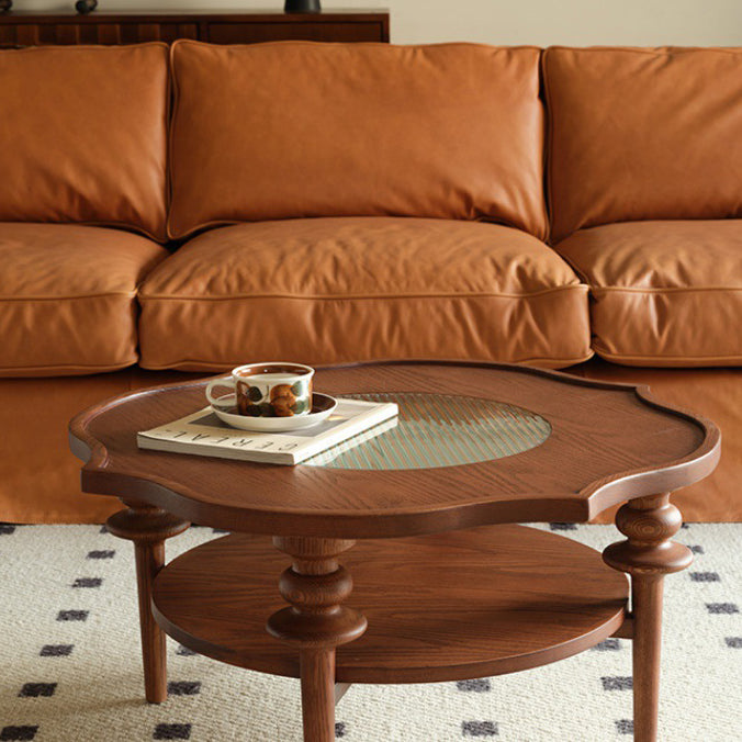 French Petal Wood Glass 2-Tier Coffee Table