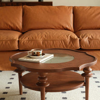 French Petal Wood Glass 2-Tier Coffee Table