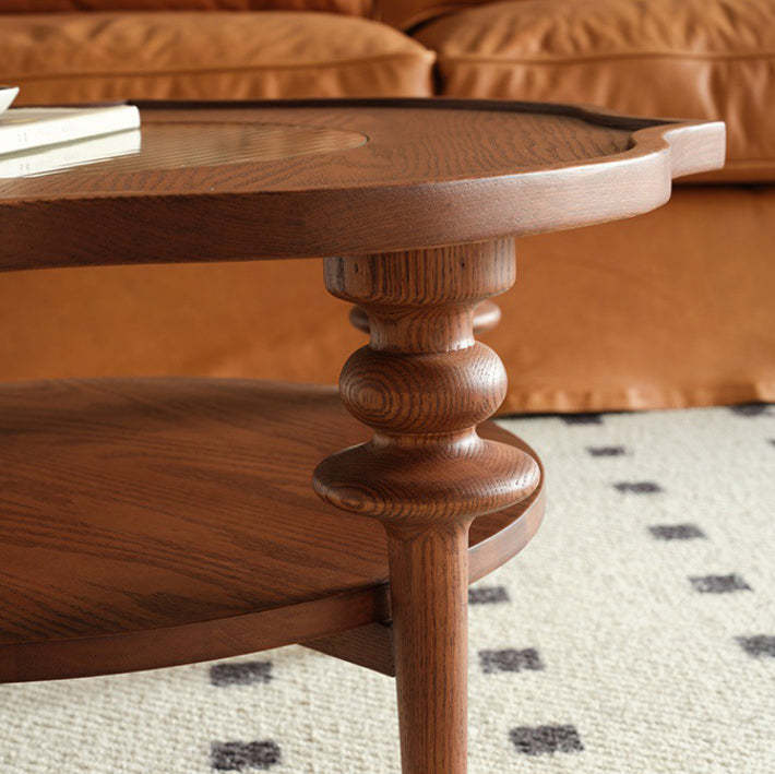 French Petal Wood Glass 2-Tier Coffee Table