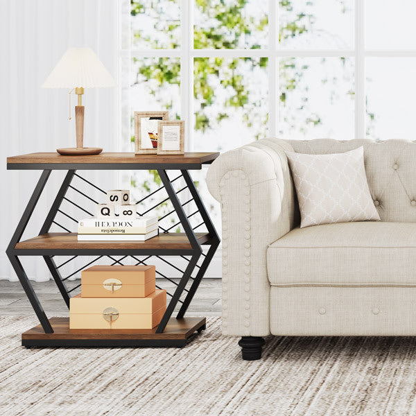 Retro hexagonal 3-tier walnut iron glass end & side tables