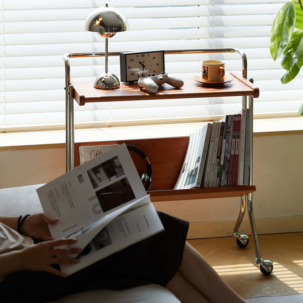 Mid-Century Solid Wood Stainless Steel 2-Tier End Table