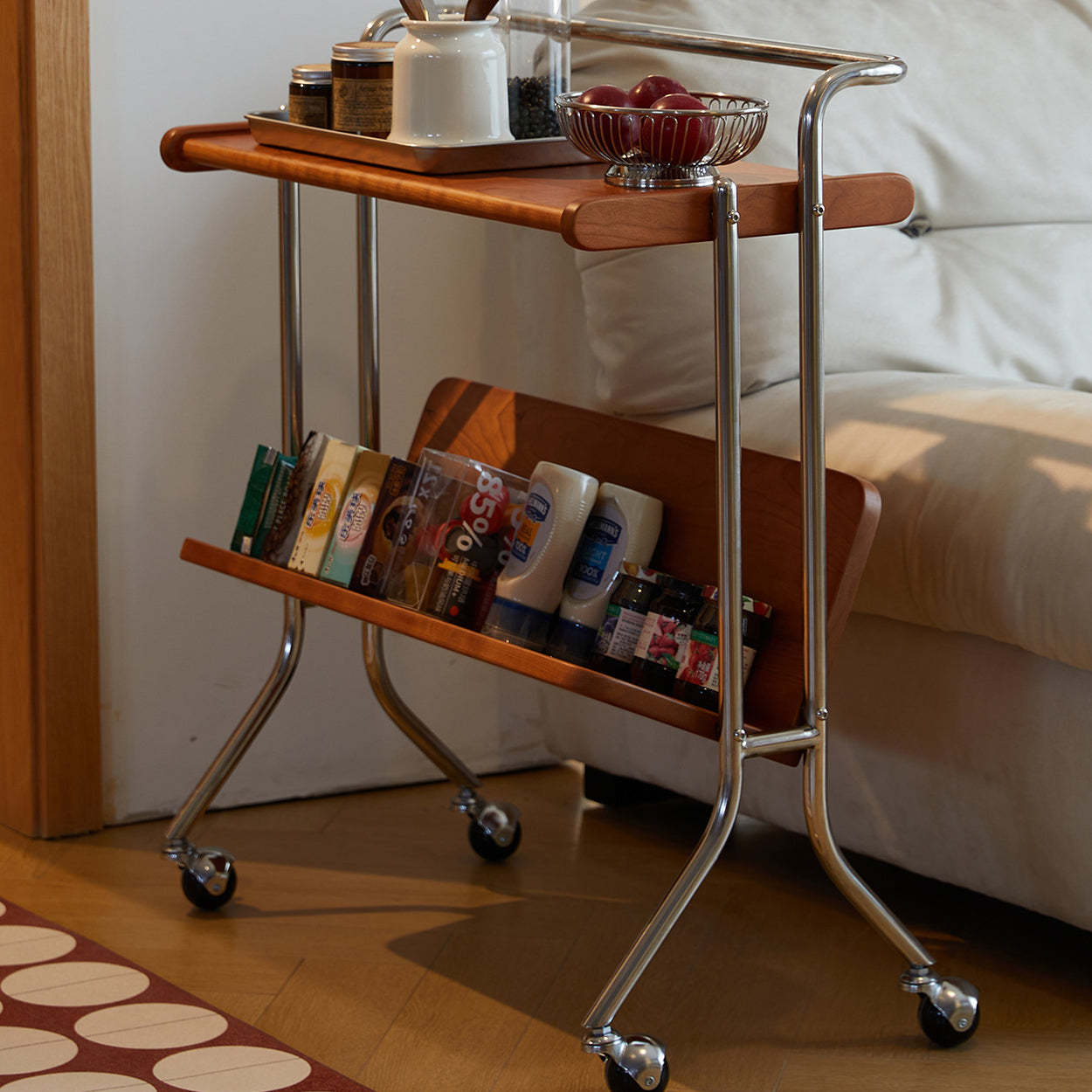 Mid-Century Solid Wood Stainless Steel 2-Tier End Table