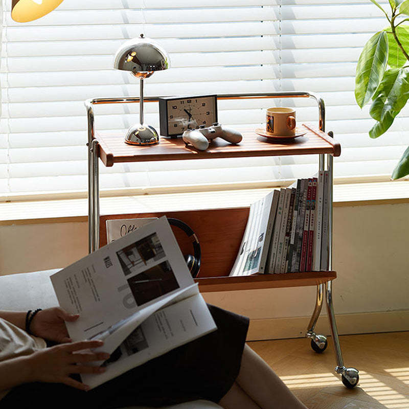 Mid-Century Solid Wood Stainless Steel 2-Tier End Table