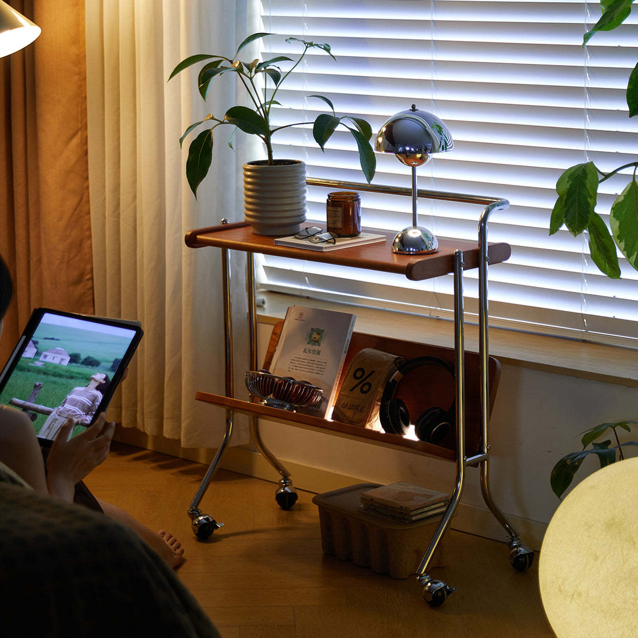 Mid-Century Solid Wood Stainless Steel 2-Tier End Table