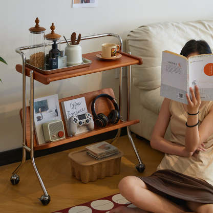 Mid-Century Solid Wood Stainless Steel 2-Tier End Table