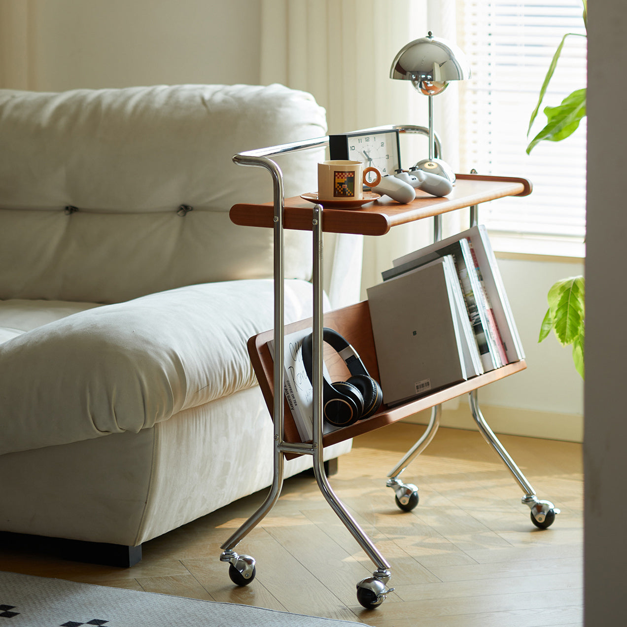 Mid-Century Solid Wood Stainless Steel 2-Tier End Table