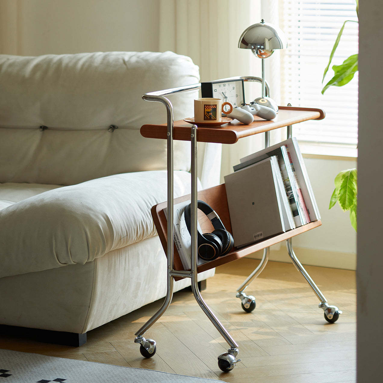 Mid-Century Solid Wood Stainless Steel 2-Tier End Table