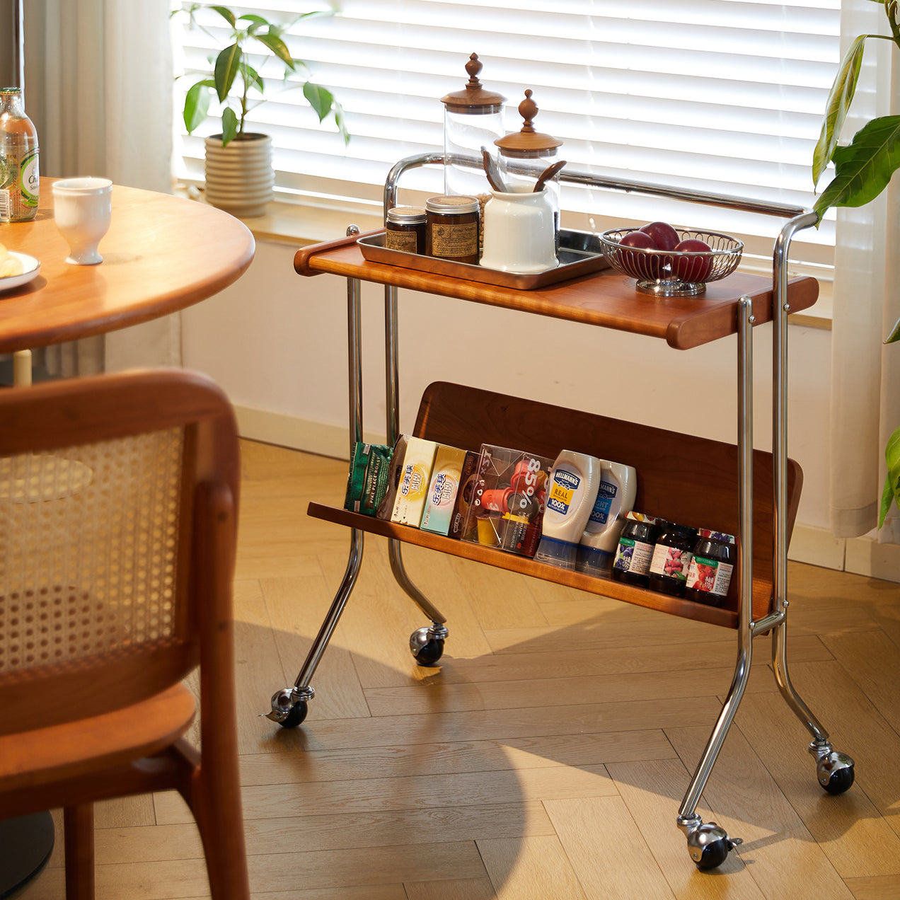Mid-century stainless 2-tier wood end & side tables in steel wood glass