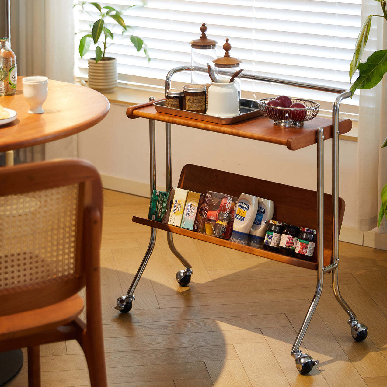 Mid-Century Solid Wood Stainless Steel 2-Tier End Table