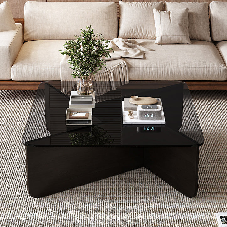 Contemporary Glass Wood Interlocking Coffee Table