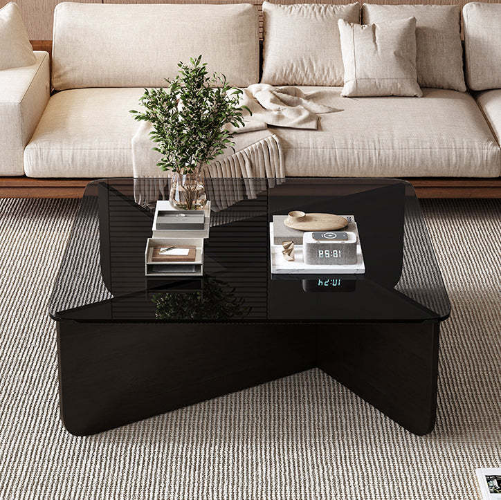 Contemporary Glass Wood Interlocking Coffee Table