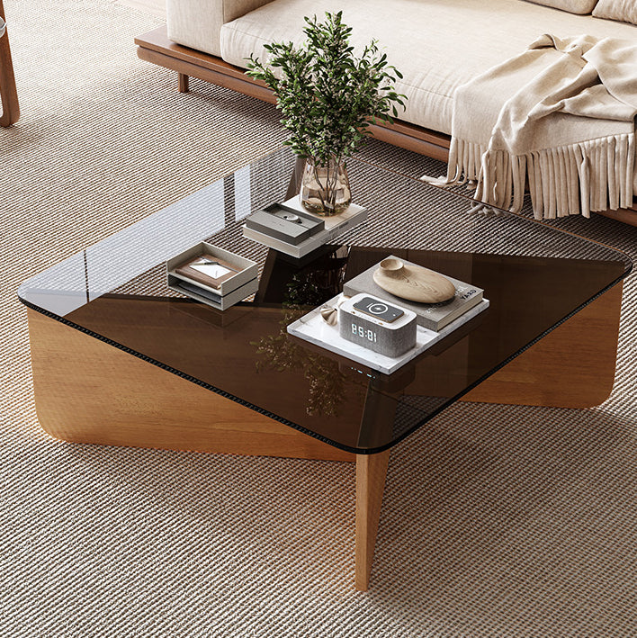 Contemporary Glass Wood Interlocking Coffee Table