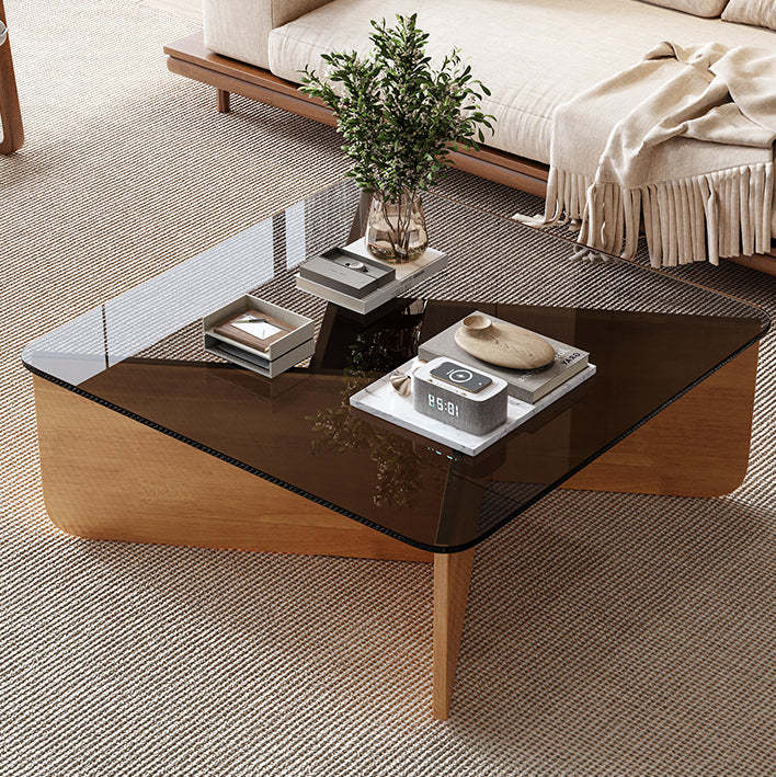 Contemporary Glass Wood Interlocking Coffee Table