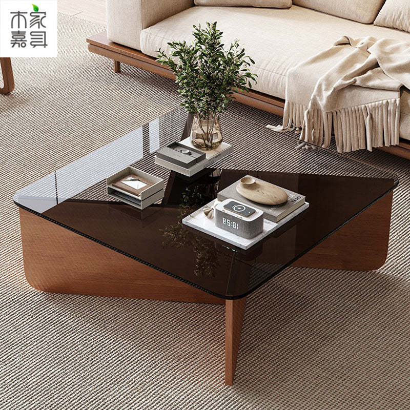 Contemporary Glass Wood Interlocking Coffee Table