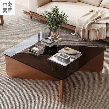 Contemporary Glass Wood Interlocking Coffee Table