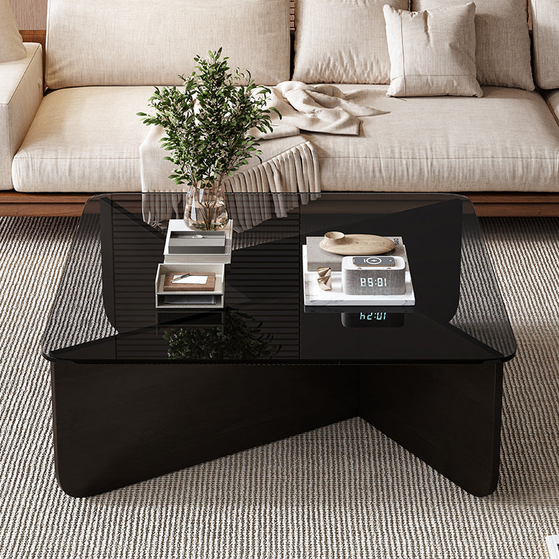 Contemporary Glass Wood Interlocking Coffee Table
