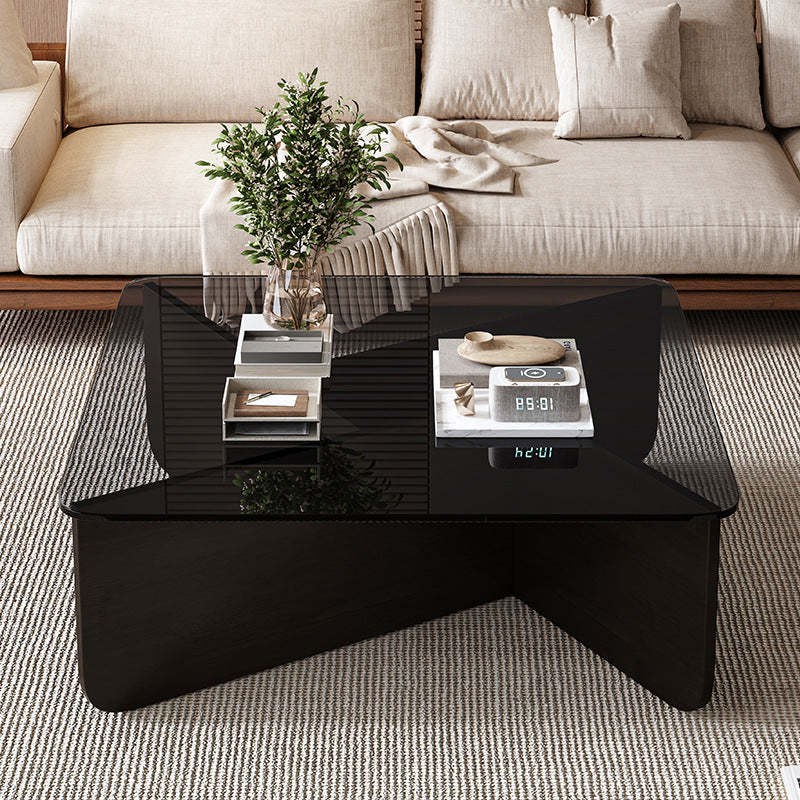 Contemporary Glass Wood Interlocking Coffee Table — Wood Color