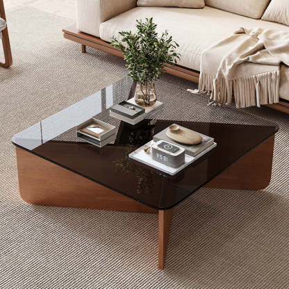 Contemporary Glass Wood Interlocking Coffee Table — Walnut Color