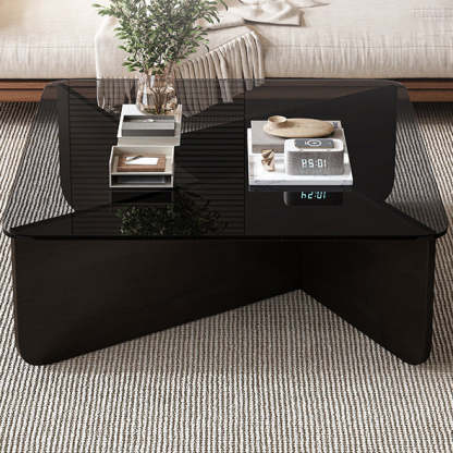 Contemporary Glass Wood Interlocking Coffee Table