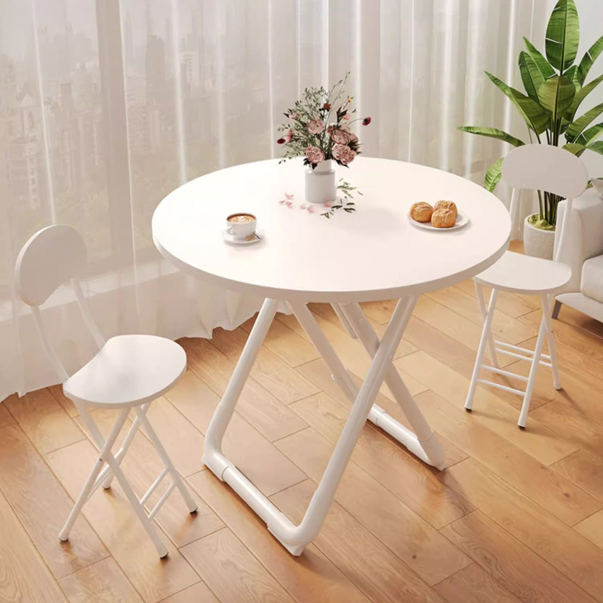 Minimalist Foldable X-Base Iron Round Dining Table — Wood Grain Color / Square