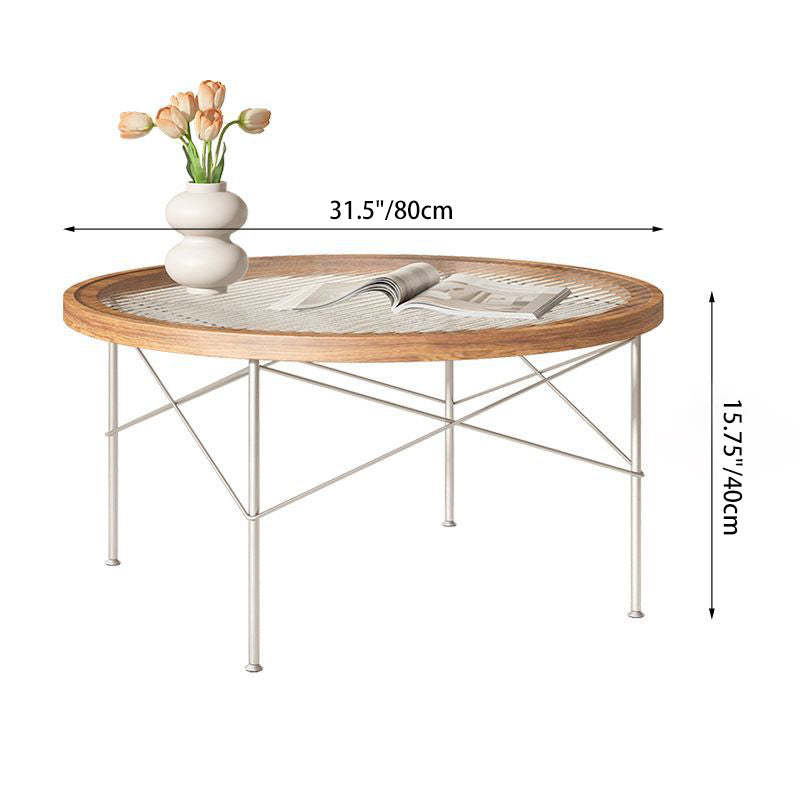 Minimalist Iron Wood Glass Round Coffee Table