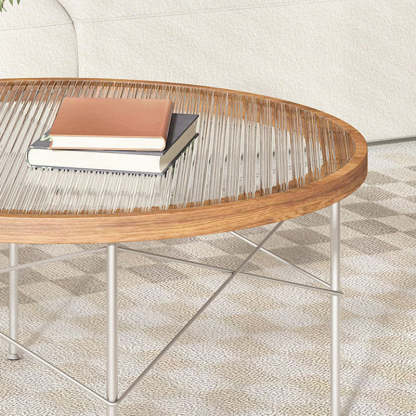 Minimalist Iron Wood Glass Round Coffee Table