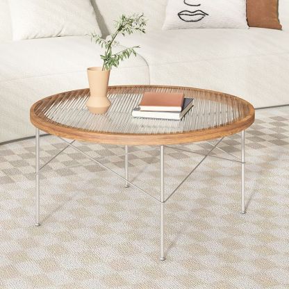 Minimalist Iron Wood Glass Round Coffee Table