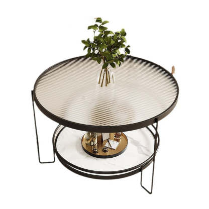 Minimalist Iron Stone Glass 2-Tier Coffee Table