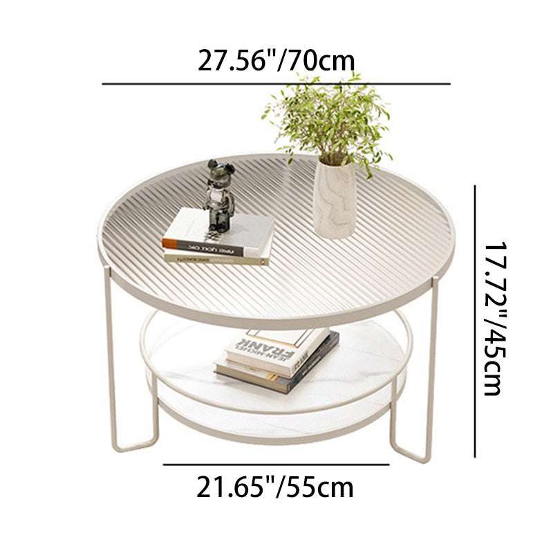 Minimalist Iron Stone Glass 2-Tier Coffee Table — White + Ribbed Glass
