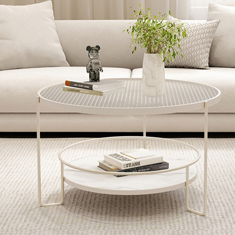 Minimalist Iron Stone Glass 2-Tier Coffee Table — Black + Ribbed Glass
