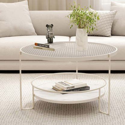 Minimalist Iron Stone Glass 2-Tier Coffee Table — Black + Ribbed Glass