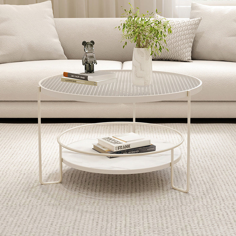 Minimalist Iron Stone Glass 2-Tier Coffee Table — White + Teal Glass