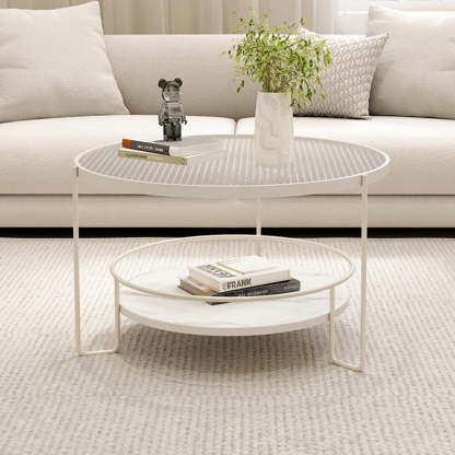 Minimalist Iron Stone Glass 2-Tier Coffee Table — White + Teal Glass
