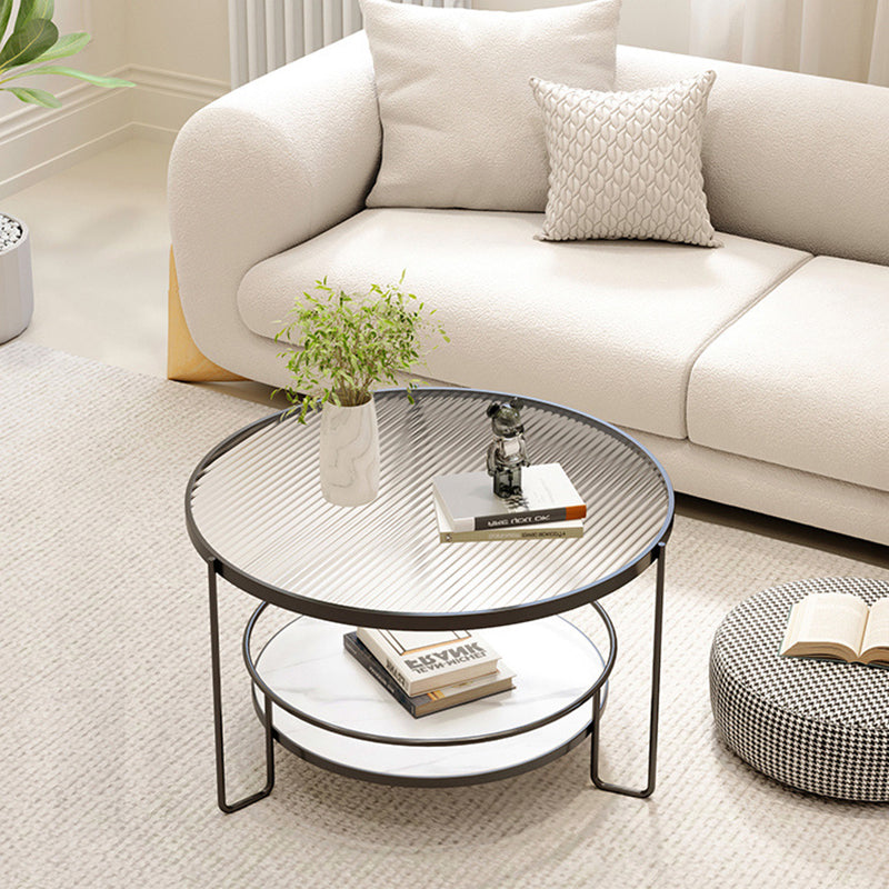 Minimalist Iron Stone Glass 2-Tier Coffee Table — Black + Ribbed Glass