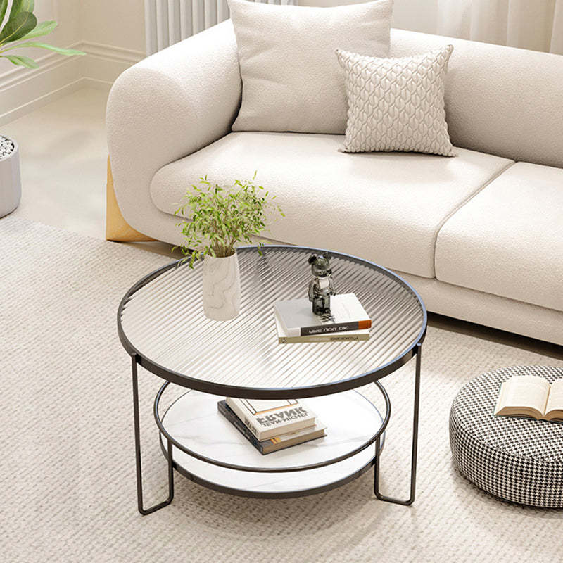 Minimalist Iron Stone Glass 2-Tier Coffee Table — Black + Ribbed Glass