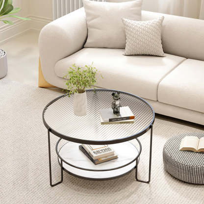 Minimalist Iron Stone Glass 2-Tier Coffee Table — Black + Ribbed Glass