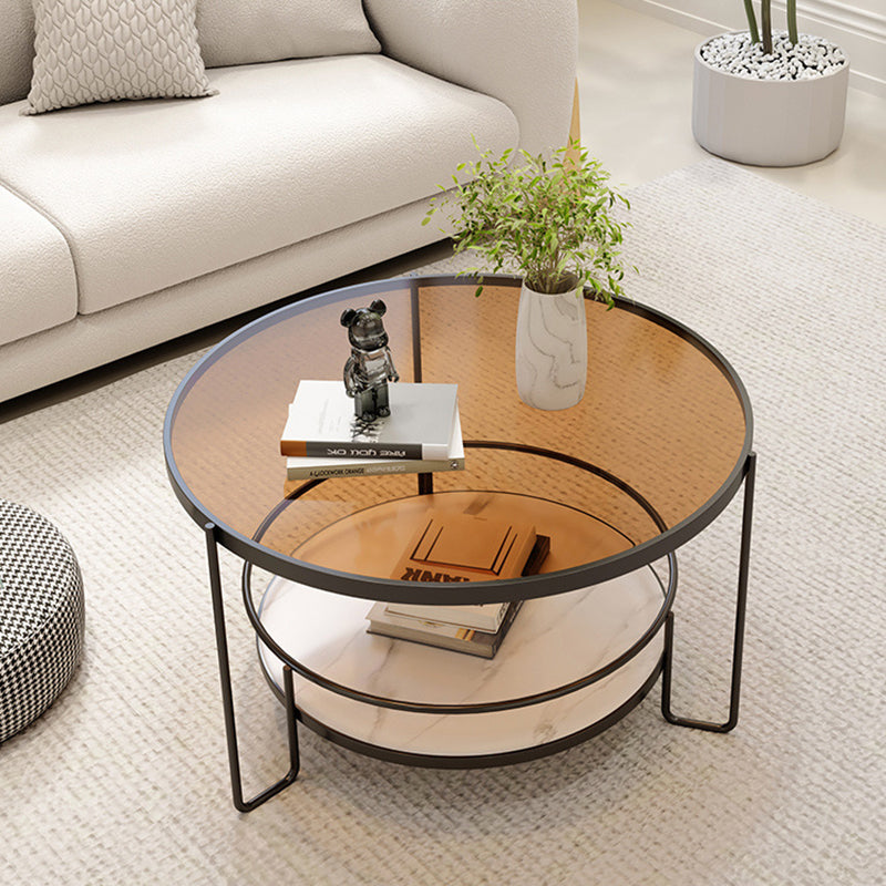 Minimalist Iron Stone Glass 2-Tier Coffee Table — White + Ribbed Glass