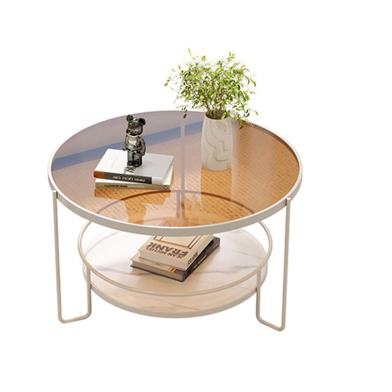 Minimalist Iron Stone Glass 2-Tier Coffee Table — White + Teal Glass