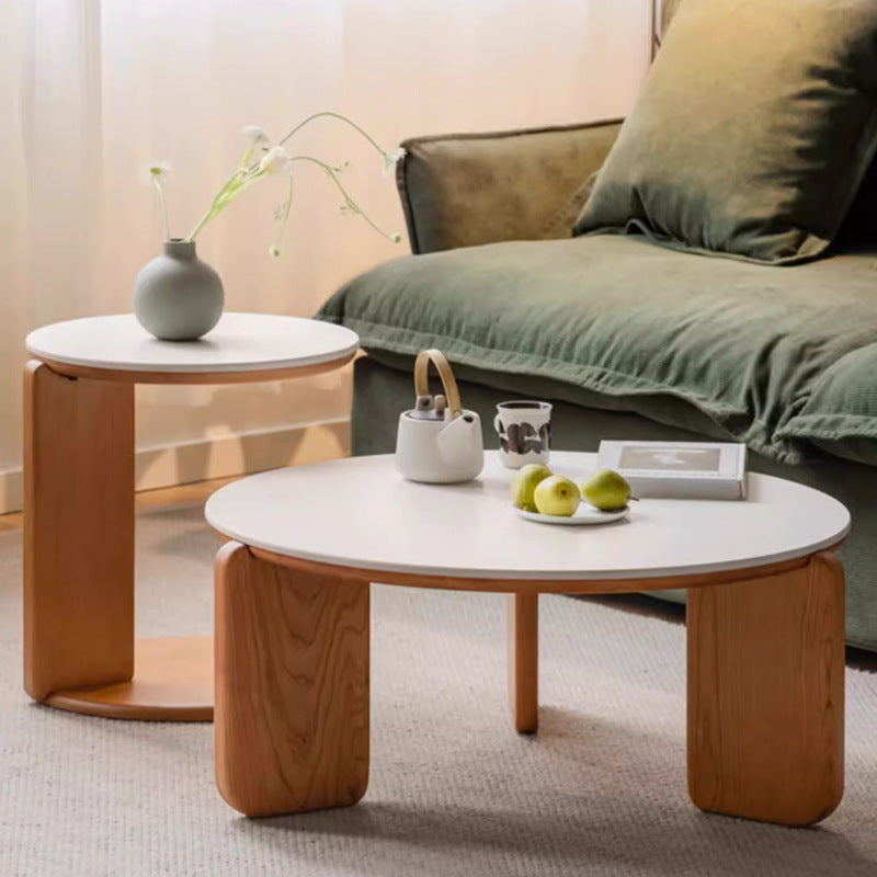 Minimalist Cherry Wood Stone 2-Tier Coffee Table