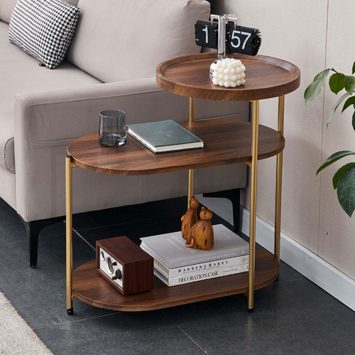 Nordic Elliptical Iron Plate 3-Tier End Table — Black / Walnut