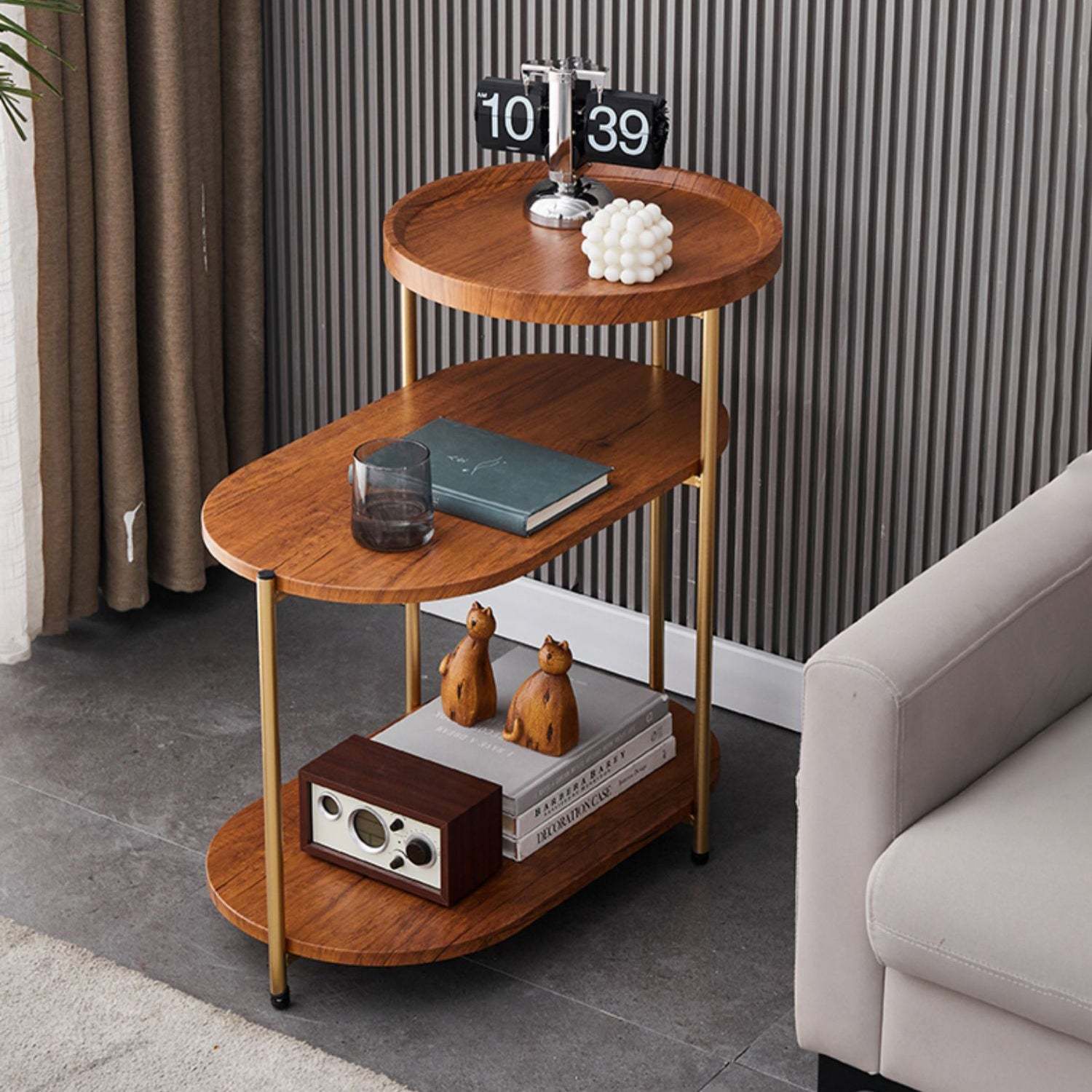 Nordic Elliptical Iron Plate 3-Tier End Table — Gold / White