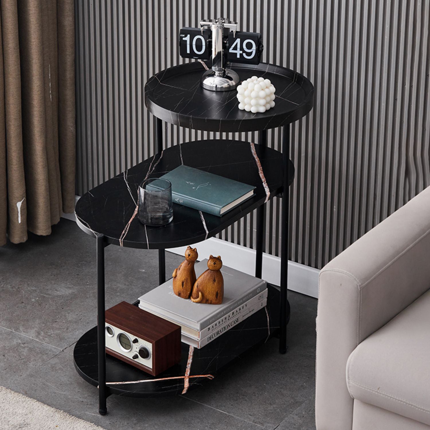 Nordic Elliptical Iron Plate 3-Tier End Table — Black / Black
