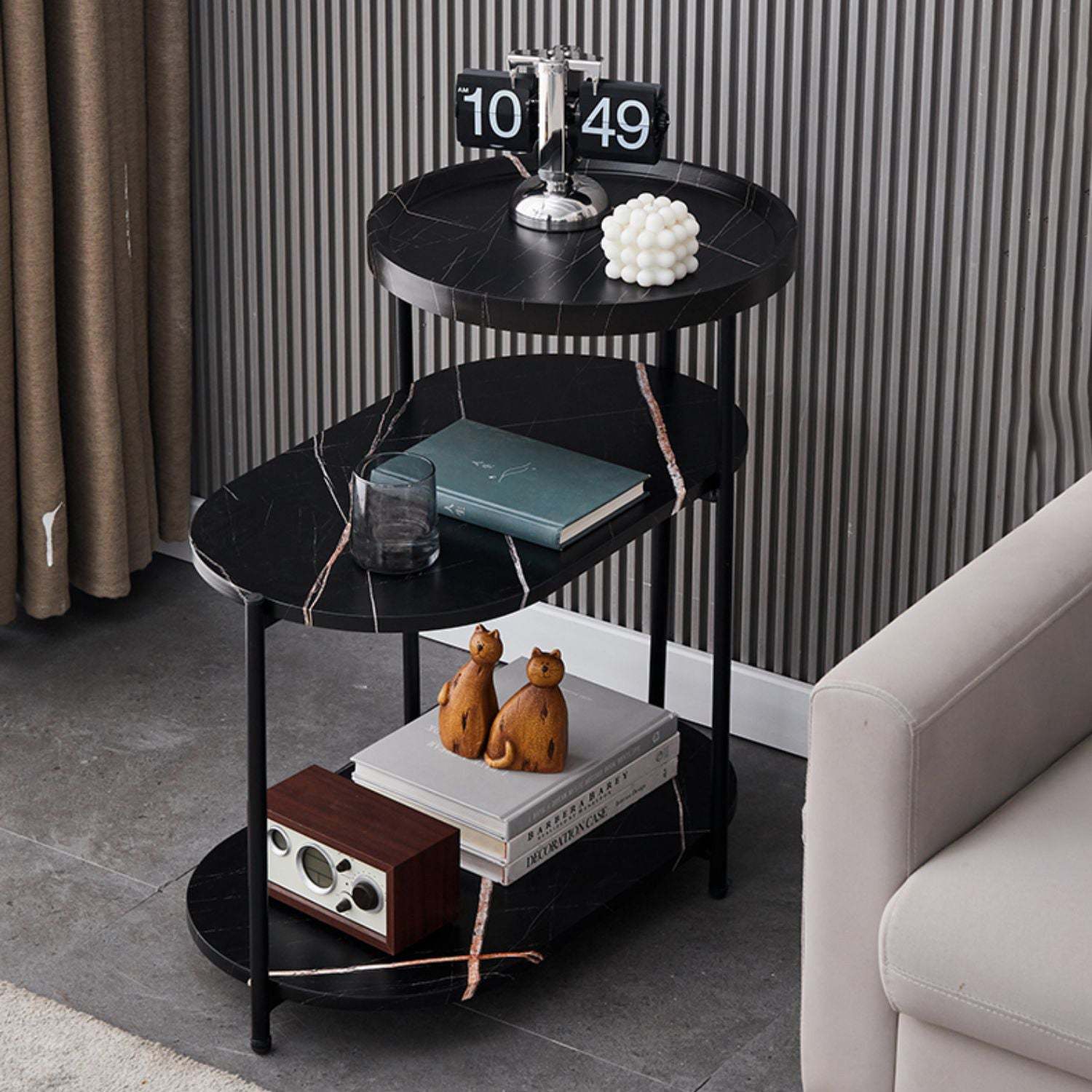 Nordic Elliptical Iron Plate 3-Tier End Table — Black / Black