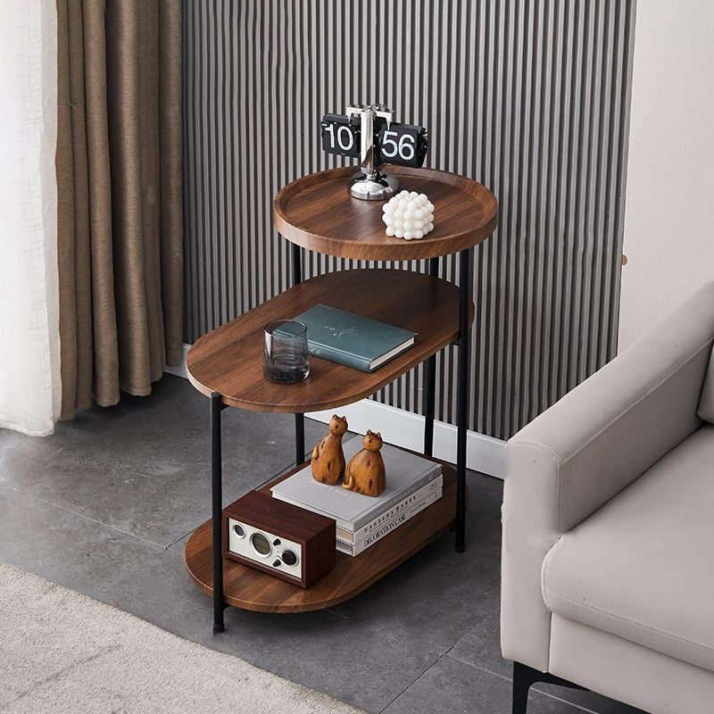 Nordic Elliptical Iron Plate 3-Tier End Table — Gold / Walnut