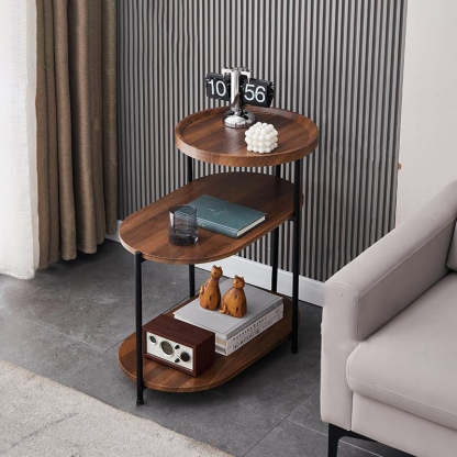 Nordic Elliptical Iron Plate 3-Tier End Table — Gold / Walnut